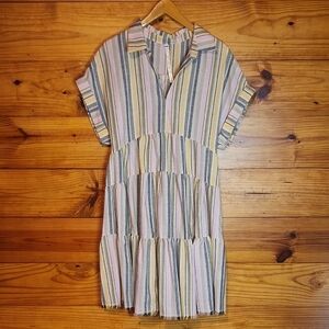 Uncle Frank Pastel Striped Mini Dress S/M W/ Fringe Hem